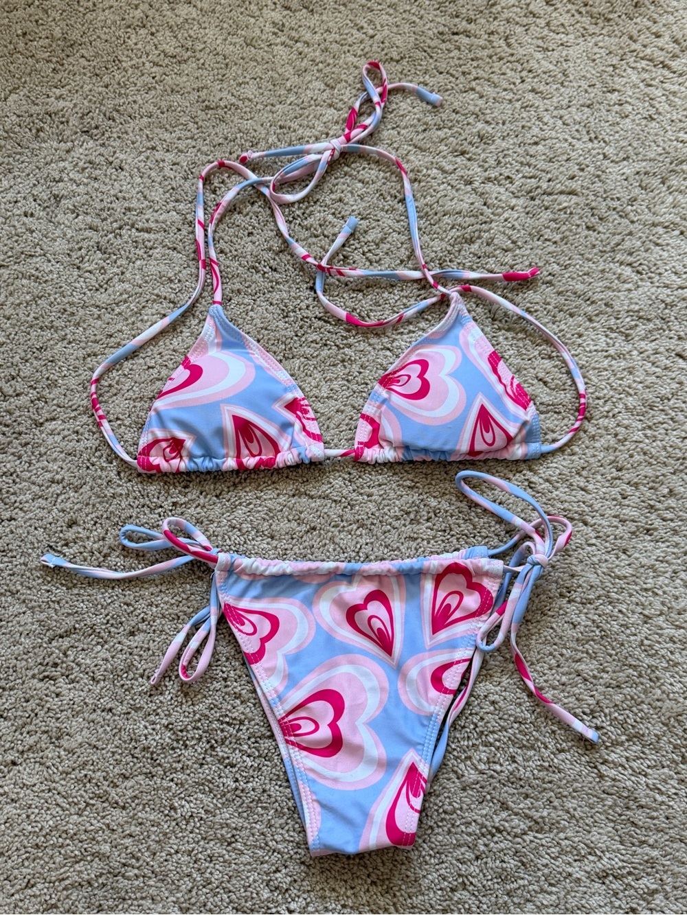 Pink & Light Blue Heart Print Tie-Side Bikini